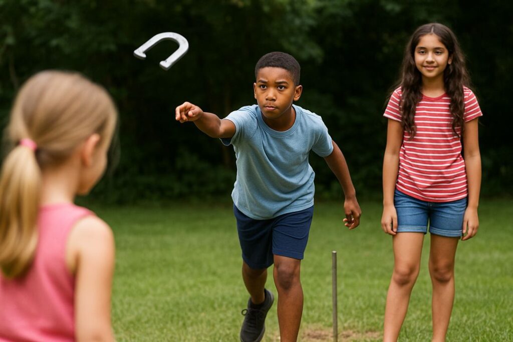 A focused boy throws a silver horseshoe while two girls watch in the background on a sunny backyard court.