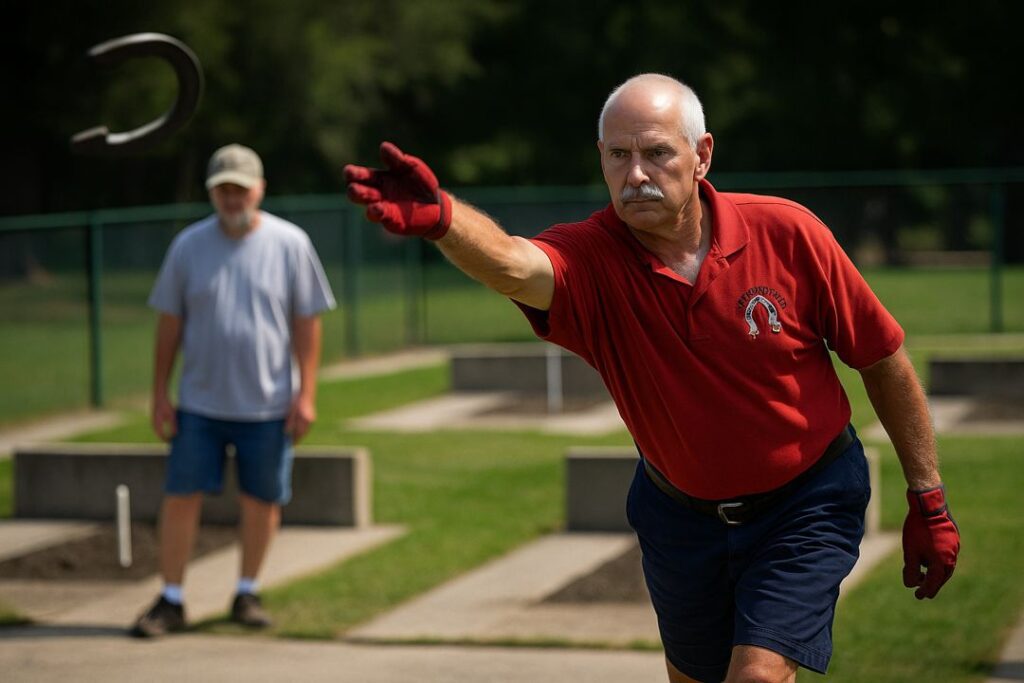 Two older men in matching uniforms compete in a league horseshoe match, focusing on precision throws in a professional horseshoe court.