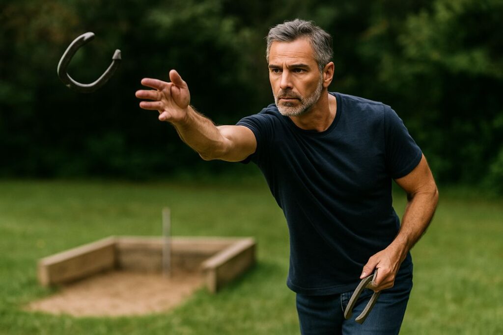 A middle-aged man with salt-and-pepper hair pitches a horseshoe with intense concentration at an outdoor court.