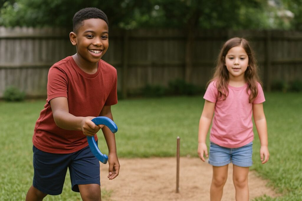 A boy in a red shirt throws a blue horseshoe while a girl in a pink shirt stands nearby in a grassy backyard court.