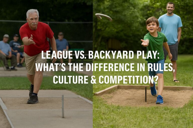 A side-by-side style image showing both league horseshoe players in uniform and casual backyard players, with title text overlay reading 'League vs. Backyard Play: What’s the Difference in Rules, Culture & Competition?'