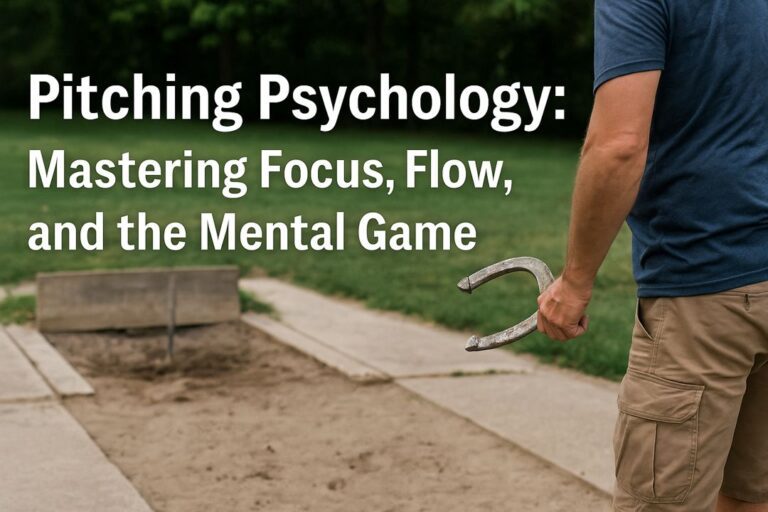 A focused horseshoe pitcher in mid-throw on an outdoor court, with title text overlay reading 'Pitching Psychology: Mastering Focus, Flow, and the Mental Game'