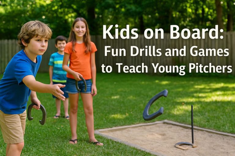 Three children playing horseshoes in a sunny backyard, with title text overlay reading 'Kids on Board: Fun Drills and Games to Teach Young Pitchers'