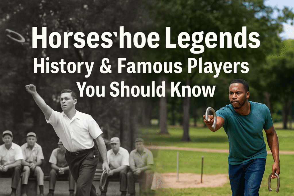 A digital promotional banner for the article “Horseshoe Legends: History & Famous Players You Should Know,” blending historical and modern imagery.