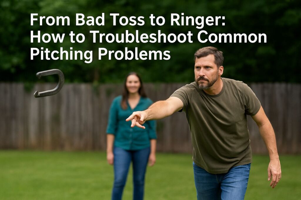 Promotional image showing a horseshoe player preparing to pitch in a casual backyard setting with title overlay.