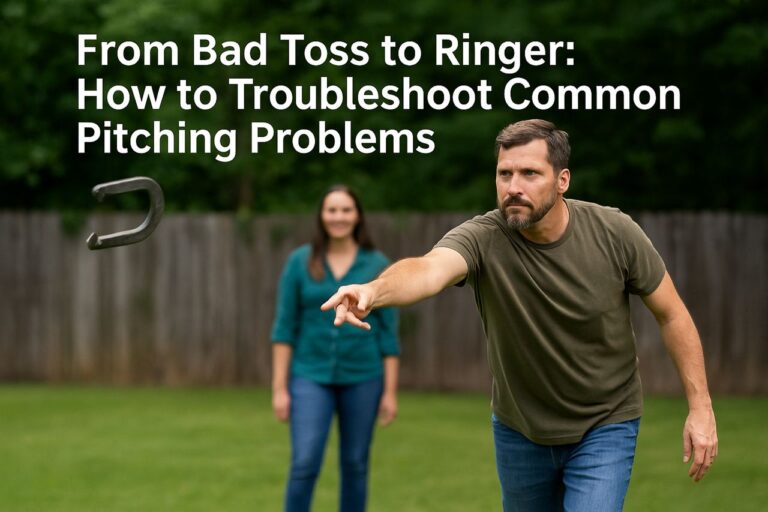 Promotional image showing a horseshoe player preparing to pitch in a casual backyard setting with title overlay.