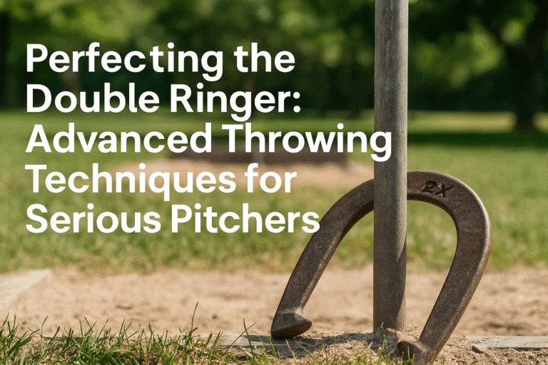 A promotional image for an article titled Perfecting the Double Ringer, showing a horseshoe flying toward a stake in a competitive backyard setting.