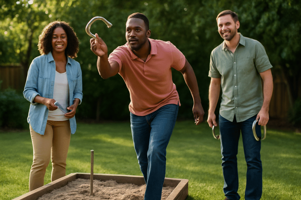Three diverse friends enjoy a backyard game of horseshoes, with one man throwing while others cheer beside a sand pit.