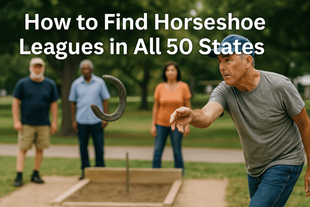 Four middle-aged people enjoying a game of horseshoes in a sunny park, with one man throwing while the others observe.
