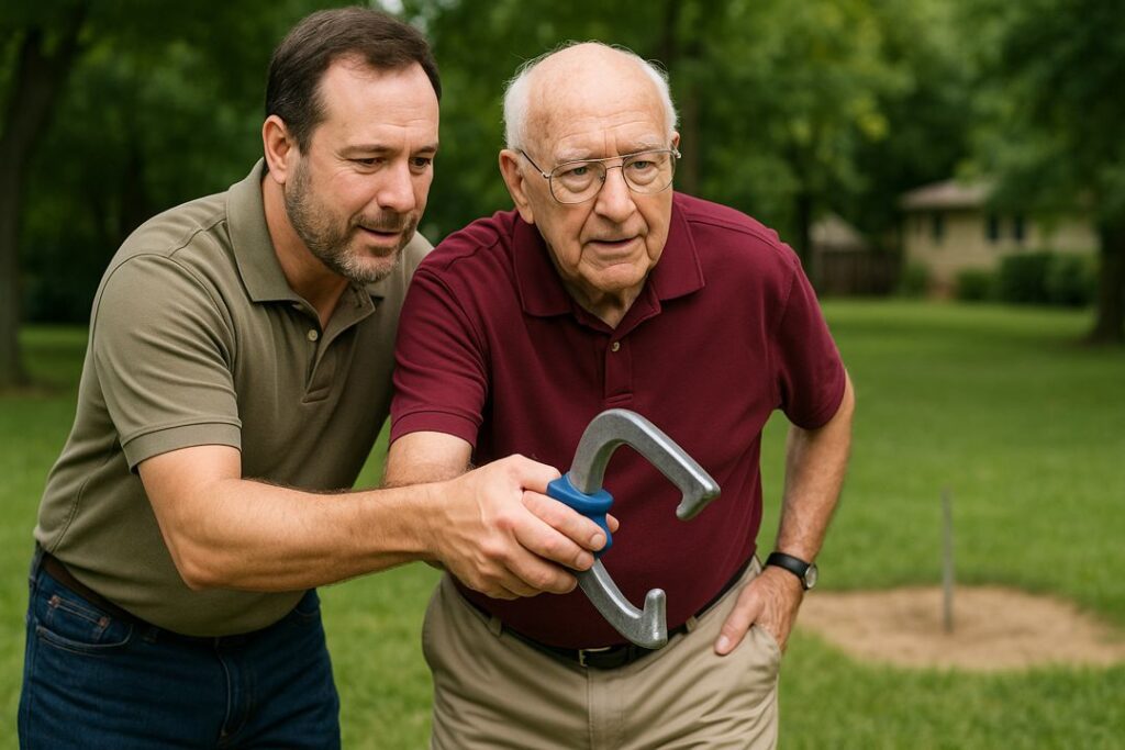 A younger adult helps an elderly man with arthritis grip a steel horseshoe using an adaptive handle before a backyard throw, highlighting inclusive play.