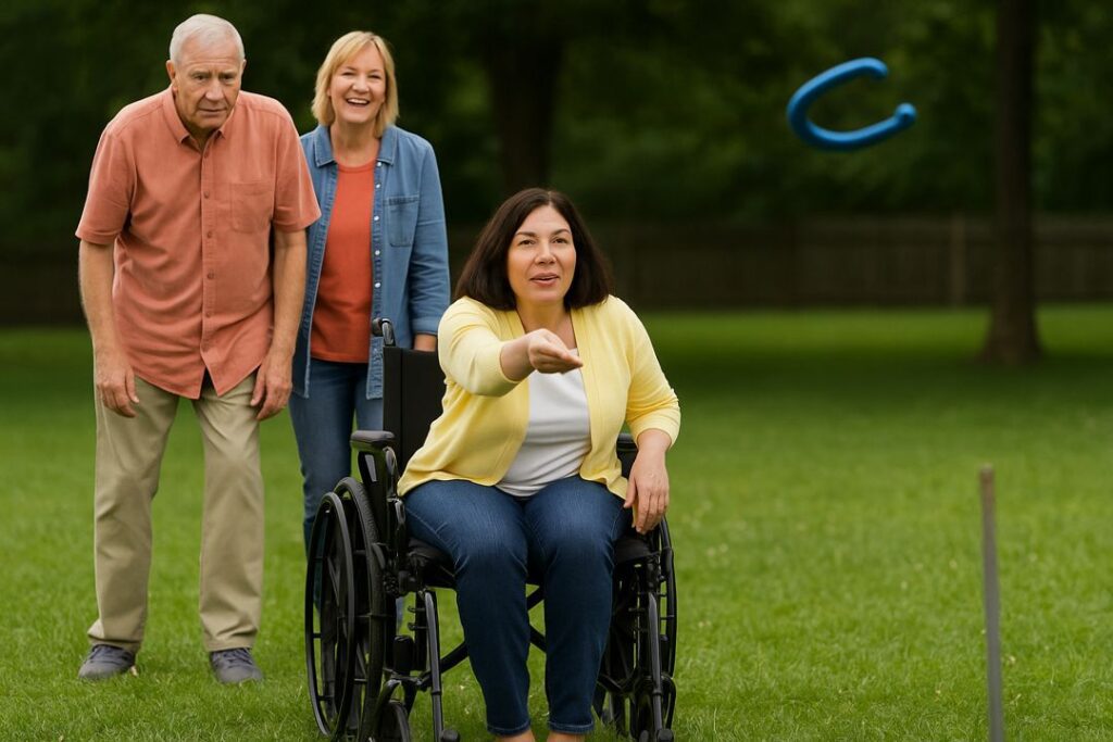 A senior woman in a wheelchair tosses a steel horseshoe toward a stake at proper backyard distance while friends cheer from behind the throw line.