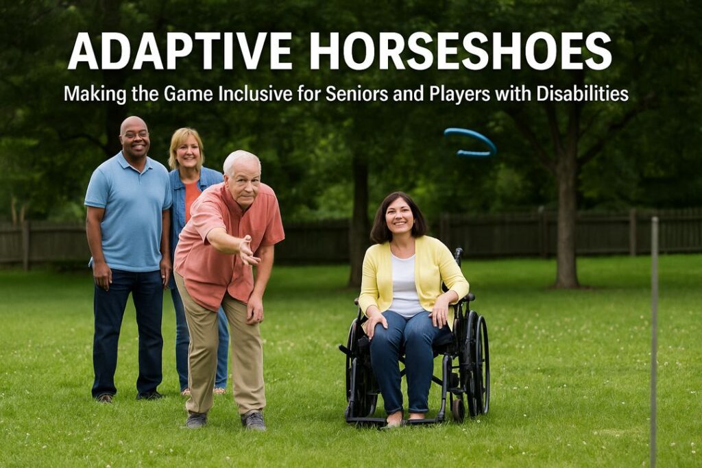 A senior man pitches a steel horseshoe in a backyard while a woman in a wheelchair smiles nearby, with bold text overlay reading “Adaptive Horseshoes: Making the Game Inclusive for Seniors and Players with Disabilities.”