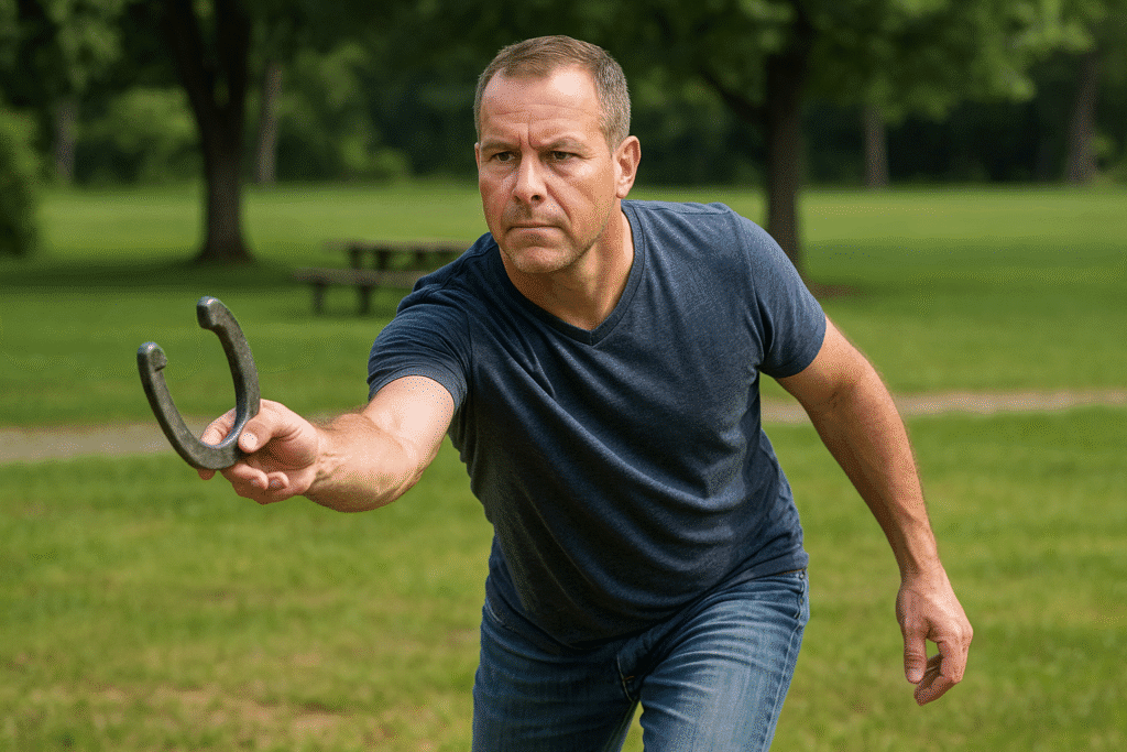 A middle-aged Caucasian man executing a precise backhand horseshoe throw on a grassy lawn.