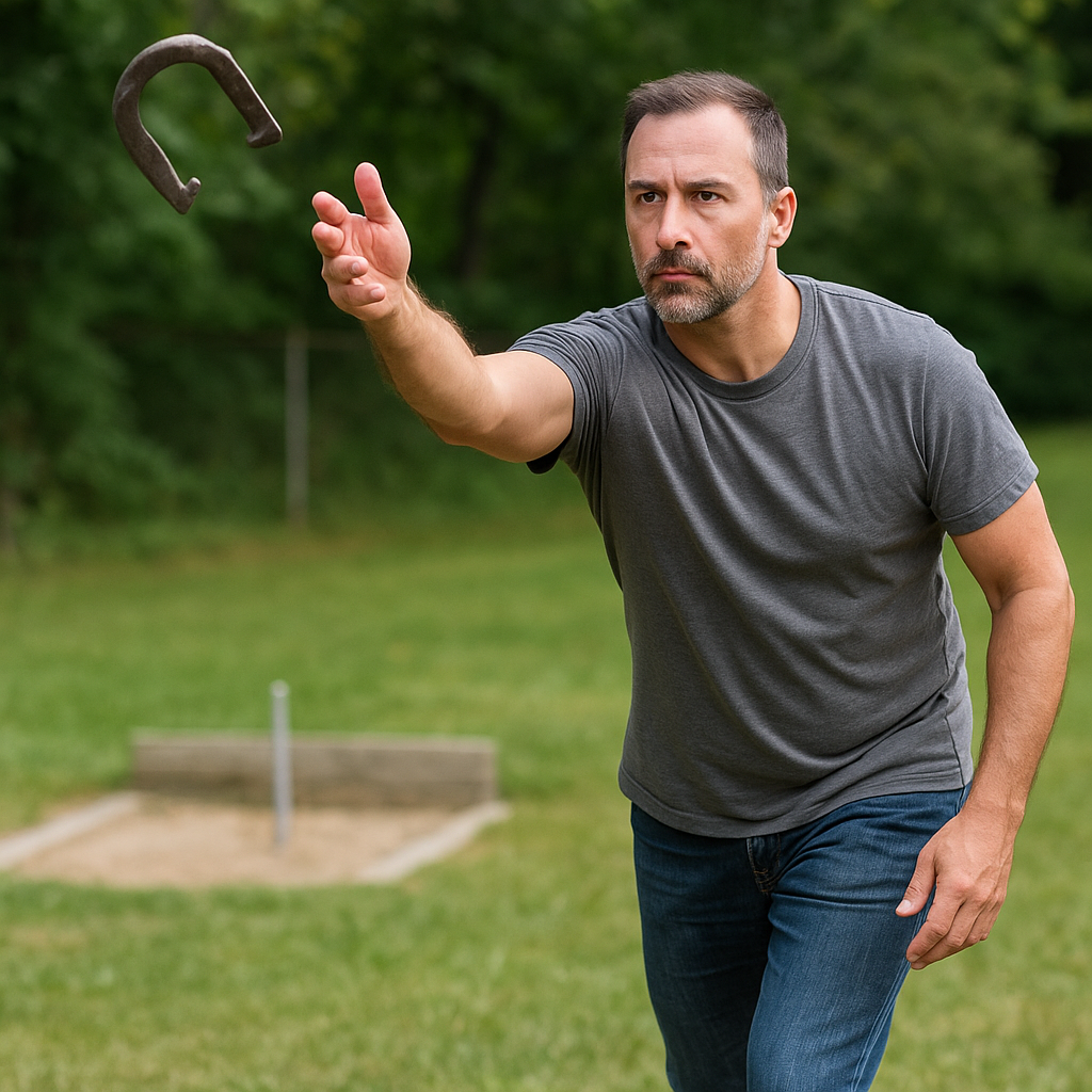 A concentrated man standing sideways preparing for a forehand pitch during a sunny afternoon.