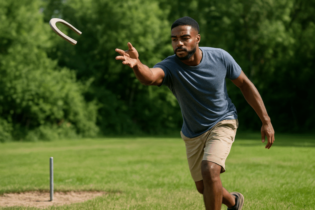 An African American man captured in action as he throws a horseshoe with power and focus.