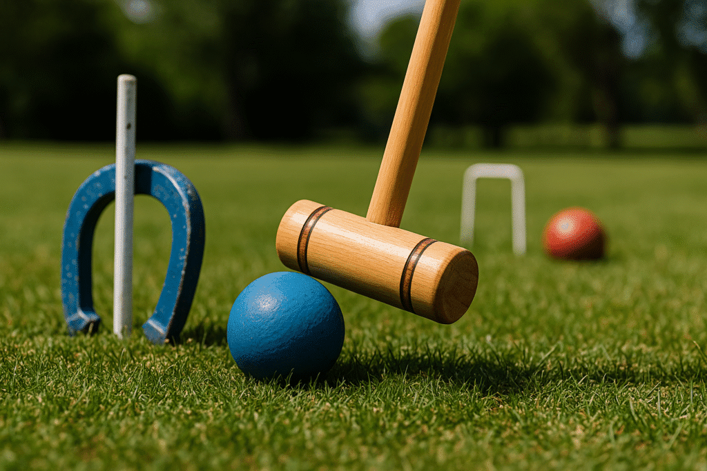 A croquet mallet about to strike a blue ball with a hanging horseshoe nearby on a sunny lawn.