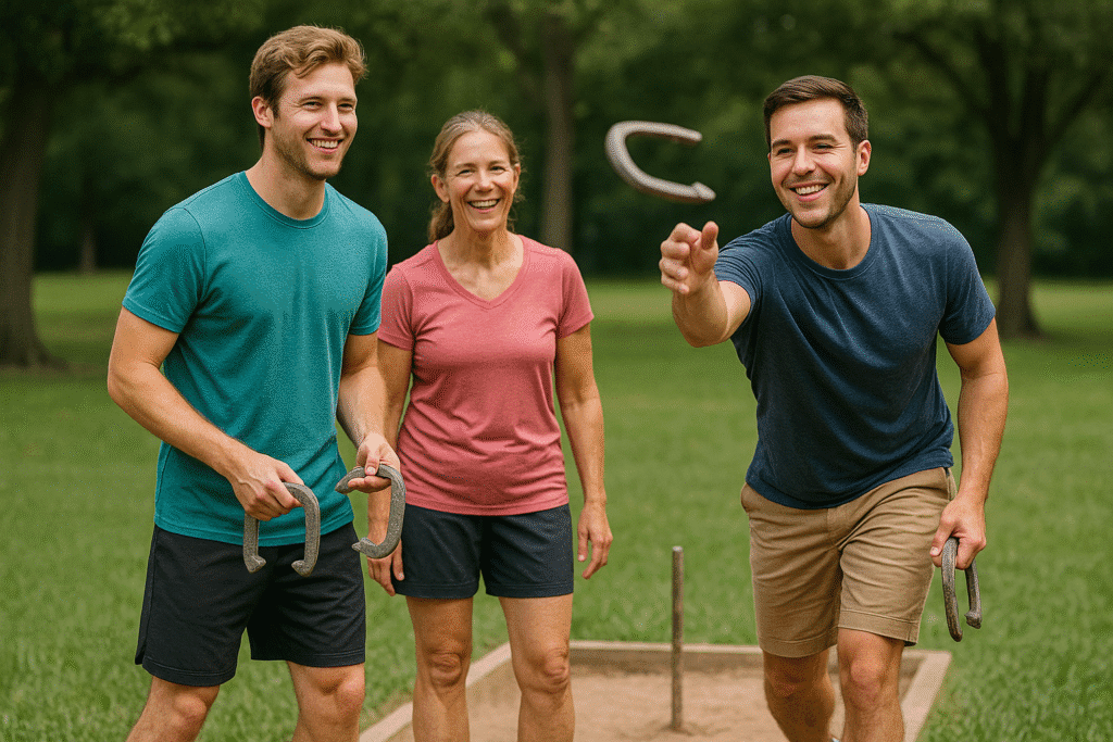 Two young men and a woman laughing and tossing horseshoes together during a sunny day in the park.