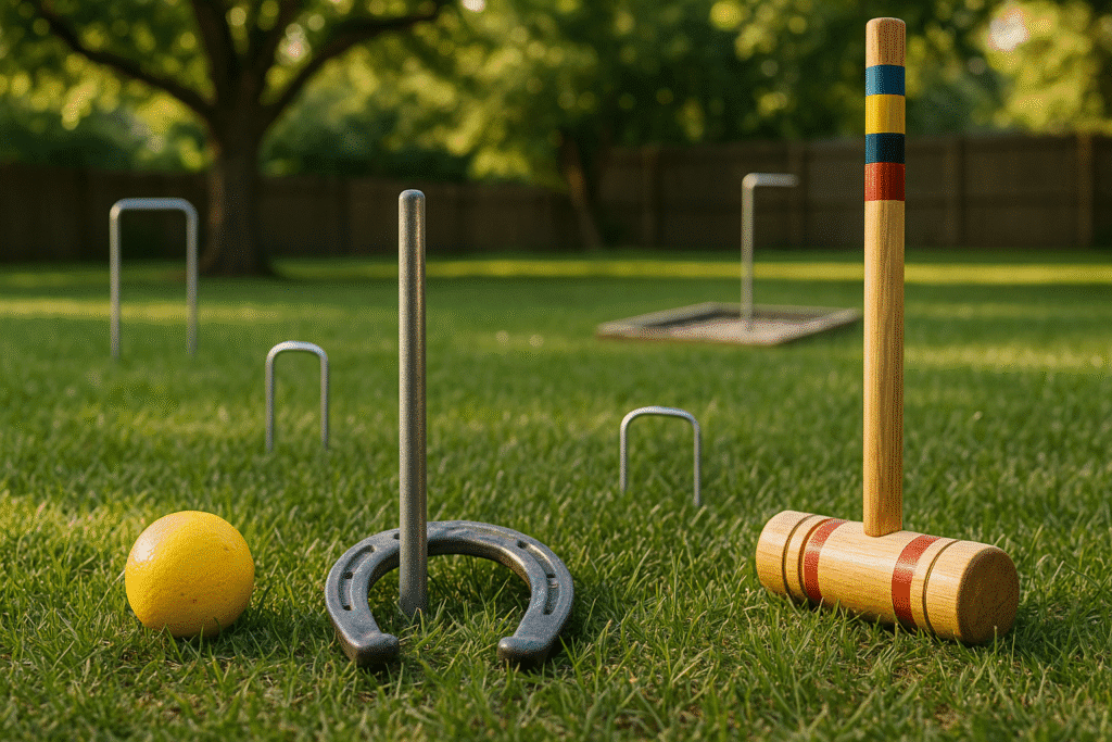 A hybrid croquet and horseshoe lawn game setup featuring a yellow ball, mallet, and stake in late afternoon sunlight.