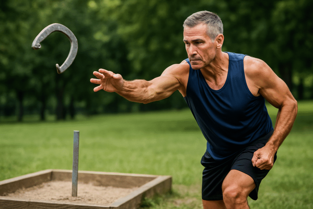 A muscular middle-aged man in a sleeveless shirt pitches a horseshoe at a stake, surrounded by vibrant greenery.