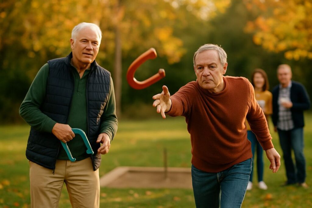 Two older men play a relaxed horseshoe match surrounded by autumn foliage, while friends watch in the background.