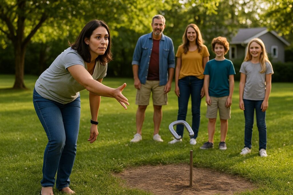 A woman pitches a horseshoe while her family watches from behind the safe zone, emphasizing proper spacing and safety.