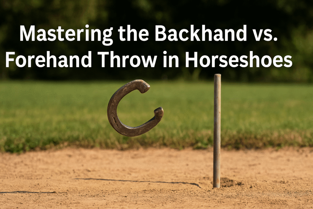 A photo-realistic image of a horseshoe mid-air heading toward a stake, with overlaid title text: “Mastering the Backhand vs. Forehand Throw in Horseshoes.