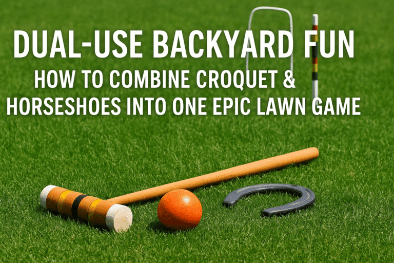 A promotional lawn game graphic showing croquet and horseshoe equipment on grass with title overlay.