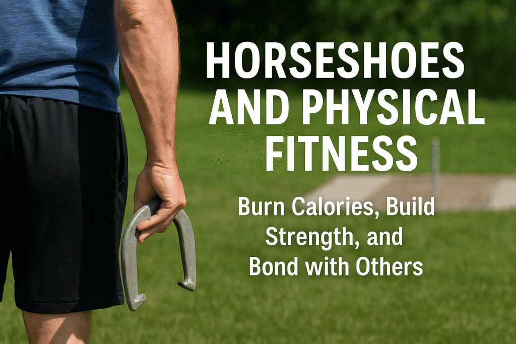 A fit man holding a horseshoe beside a stake, with overlaid text promoting the physical and social benefits of horseshoes.