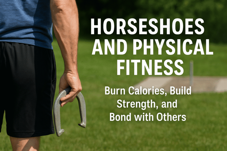A fit man holding a horseshoe beside a stake, with overlaid text promoting the physical and social benefits of horseshoes.