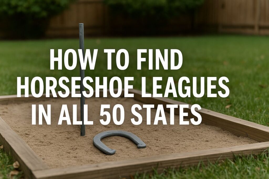 A backyard horseshoe pit with sand and a metal stake, with text overlay reading How to Find Horseshoe Leagues in All 50 States.