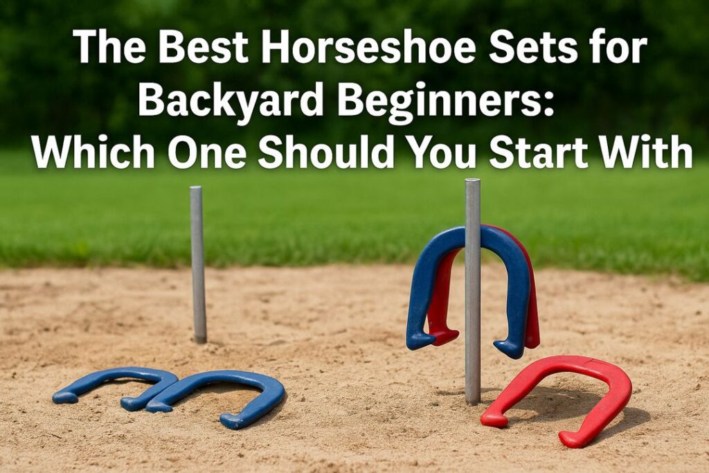 Close-up of a backyard horseshoe pit with red and blue horseshoes around a single metal stake, with overlay text reading “The Best Horseshoe Sets for Backyard Beginners.”