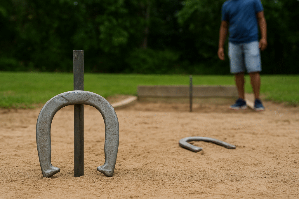 A close-up view of a silver horseshoe circling a stake in a sandy horseshoe pit with a man standing in the background.