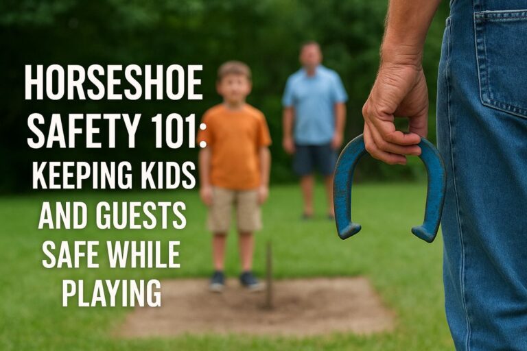 A man pitches a horseshoe in a backyard while children and guests stand safely behind the throw line, with bold text overlay reading “Horseshoe Safety 101: Keeping Kids and Guests Safe While Playing.”