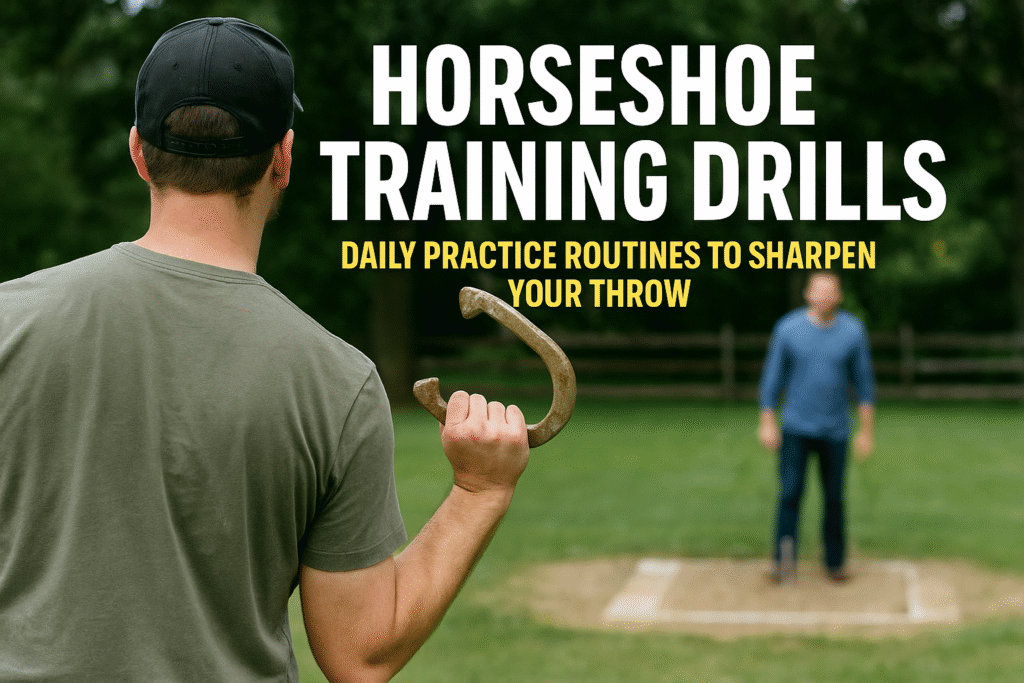 A man prepares to pitch a horseshoe while another player watches, with bold text overlay reading “Horseshoe Training Drills: Daily Practice Routines to Sharpen Your Throw.”