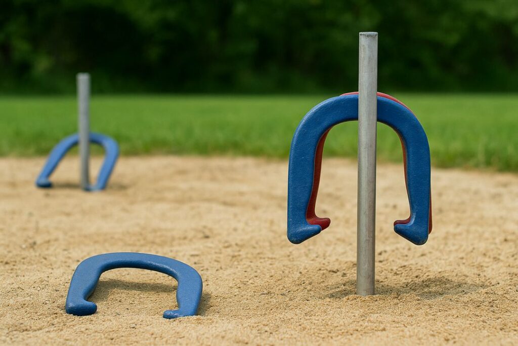 Close-up of blue and red horseshoes in a sandy backyard pit with a single metal stake, green lawn softly blurred in the background.