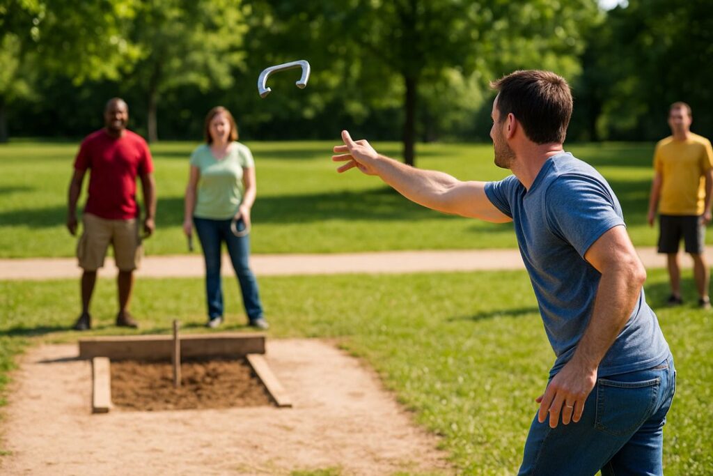 A man mid-throw during a backyard horseshoe game while others watch near a realistic outdoor pit.