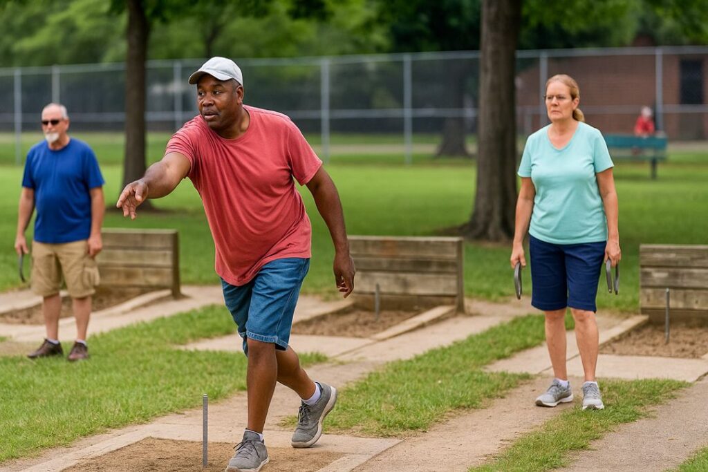 An African American man throws a horseshoe during a league match as two other players watch from nearby pits.
