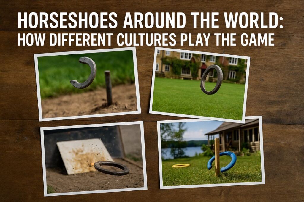 Photo-realistic collage of printed photos on a wooden surface showing American horseshoes, British quoits, Colombian tejo with a small spark, and Canadian muckers, with title overlay “Horseshoes Around the World: How Different Cultures Play the Game.”