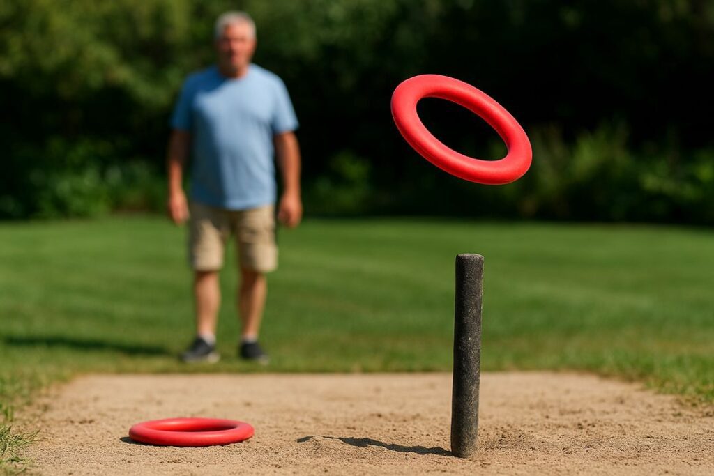 Photo-realistic image of a red rubber ring mid-air toward a black stake on a sandy pad in a sunny backyard/cottage setting.