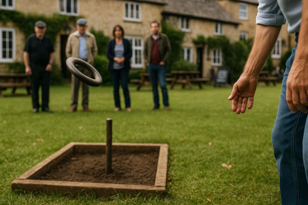 Photo-realistic image of a heavy iron quoit ring flying toward a short metal hob set in a square clay box on pub grass while spectators watch.