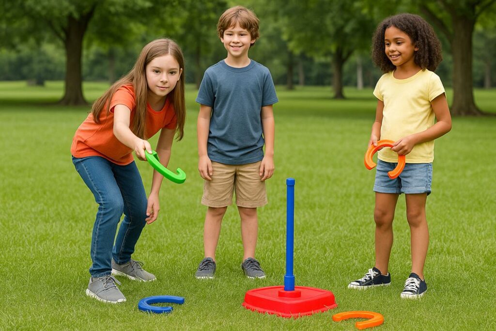 Three children use a colorful rubber horseshoe set in the backyard while adults supervise from behind the throw line.
