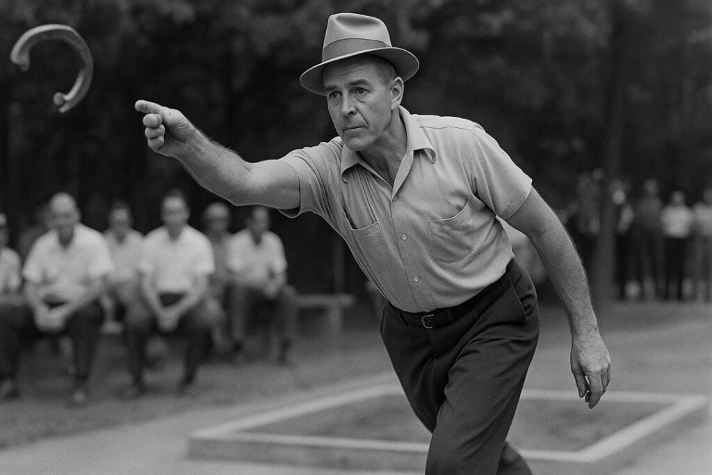 A black-and-white photograph of Ted Allen pitching a steel horseshoe in the 1940s, with spectators gathered behind him during a world tournament.
