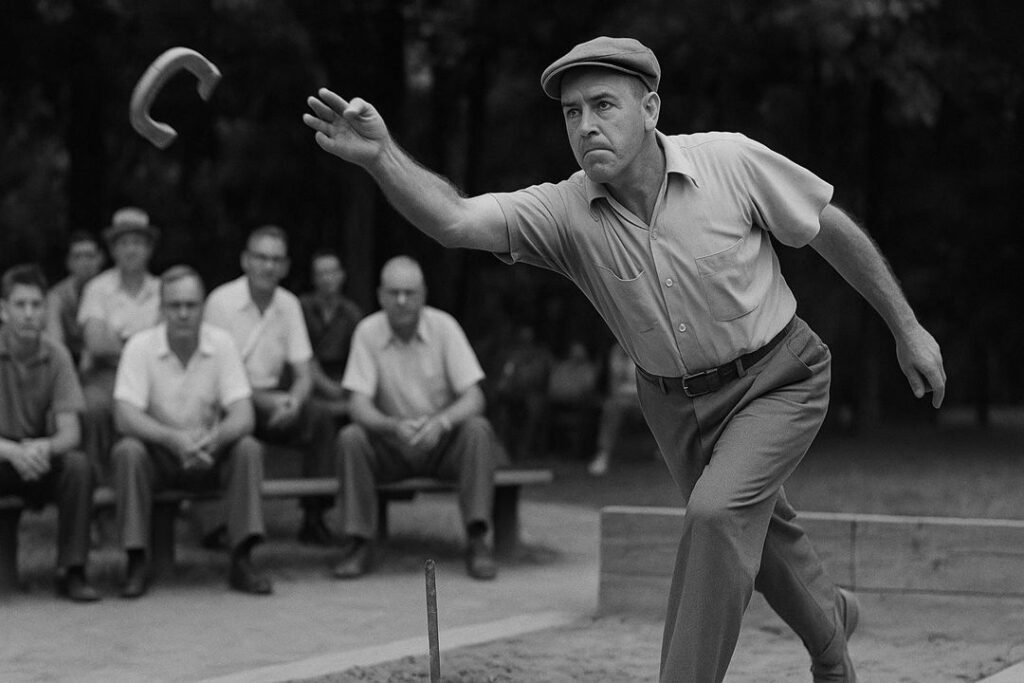 A black-and-white image of Alan Francis pitching a steel horseshoe in competition, captured in mid-throw with blurred spectators in the background.