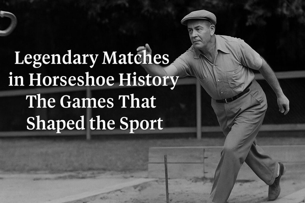 A black-and-white historic photo-style image of a legendary horseshoe pitcher mid-throw, with spectators in the background, featuring bold overlay text: “Legendary Matches in Horseshoe History: The Games That Shaped the Sport.”