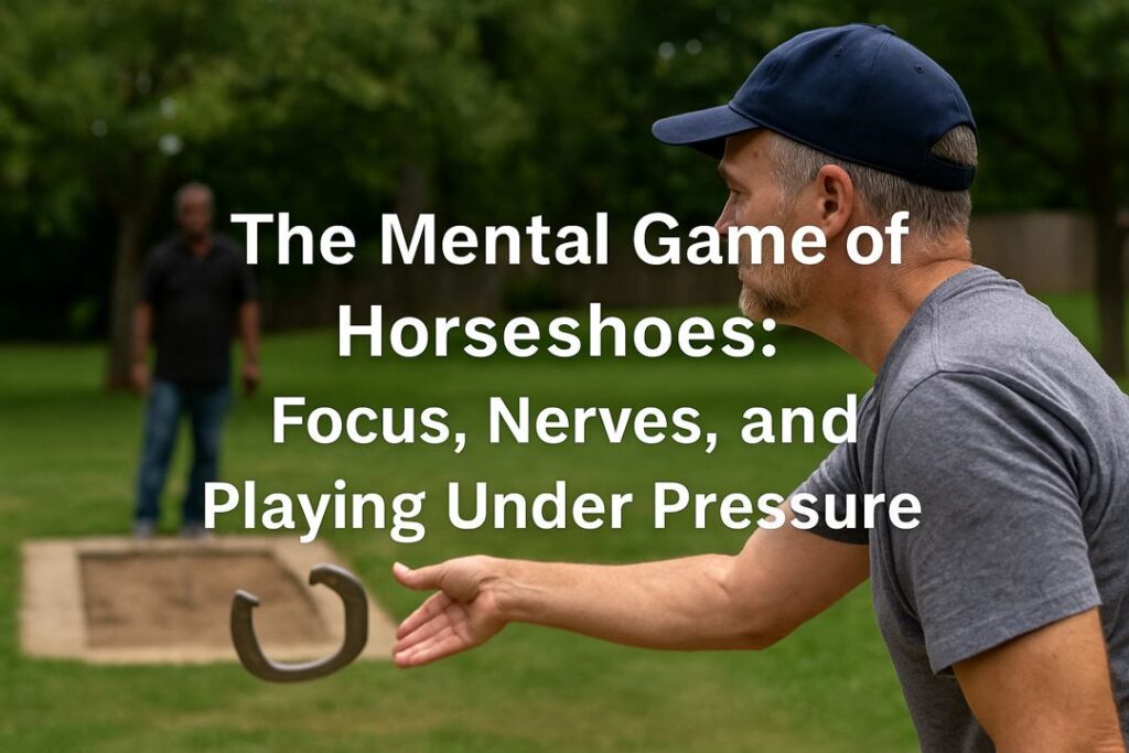 A middle-aged man concentrates while tossing a horseshoe outdoors, with text overlay reading “The Mental Game of Horseshoes: Focus, Nerves, and Playing Under Pressure.”