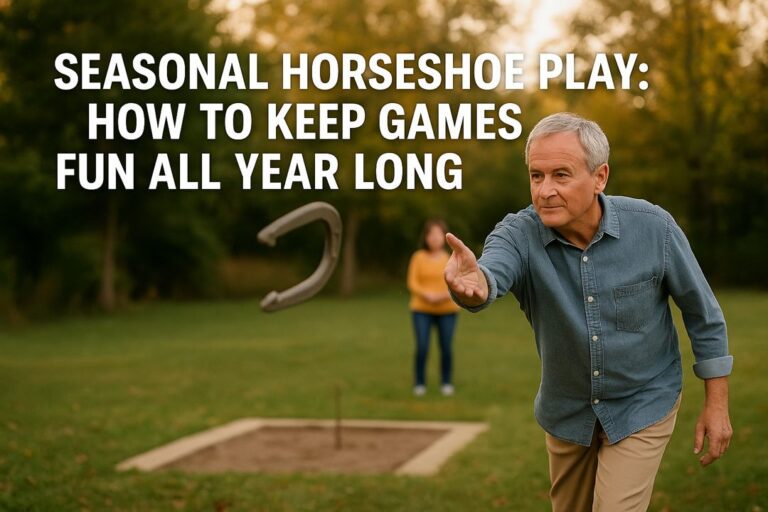 An older man tosses a horseshoe outdoors on a fall afternoon while another player looks on, with bold text overlay reading “Seasonal Horseshoe Play: How to Keep Games Fun All Year Long.”