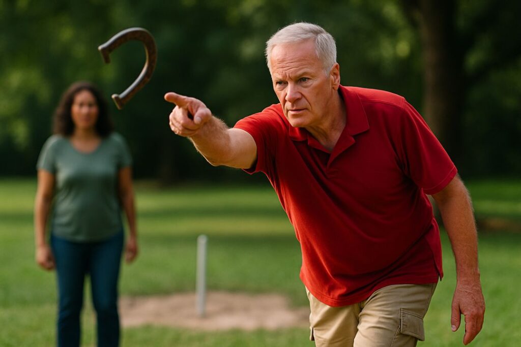 A senior Caucasian man in a red polo shirt releases a horseshoe with intense focus, while a woman watches in the background.