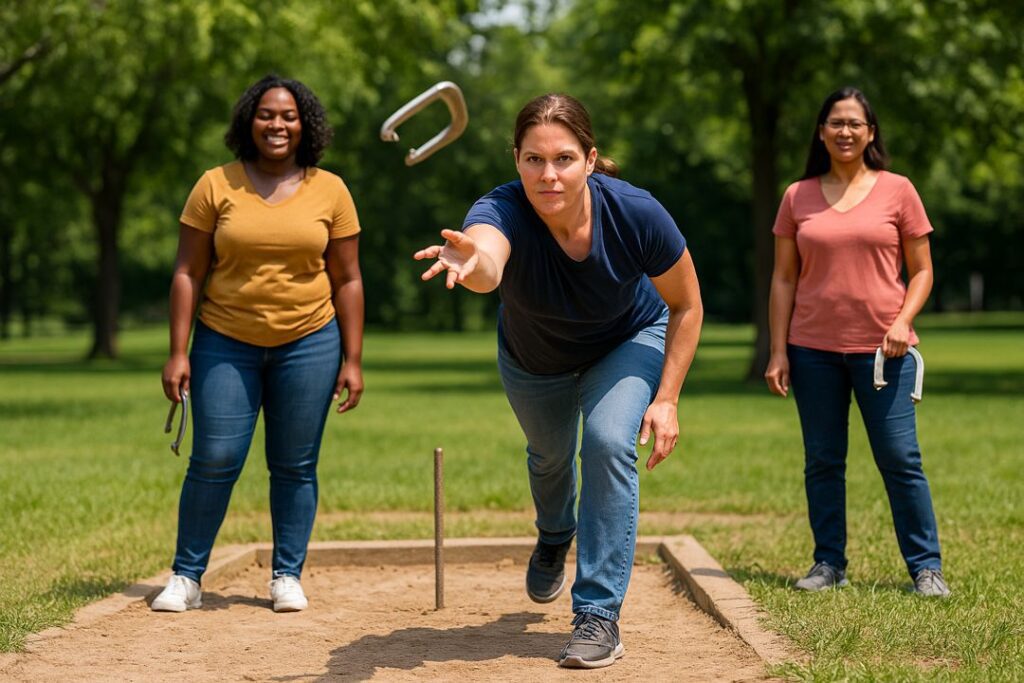 Three women of diverse ethnic backgrounds smiling and competing in a friendly horseshoe match.