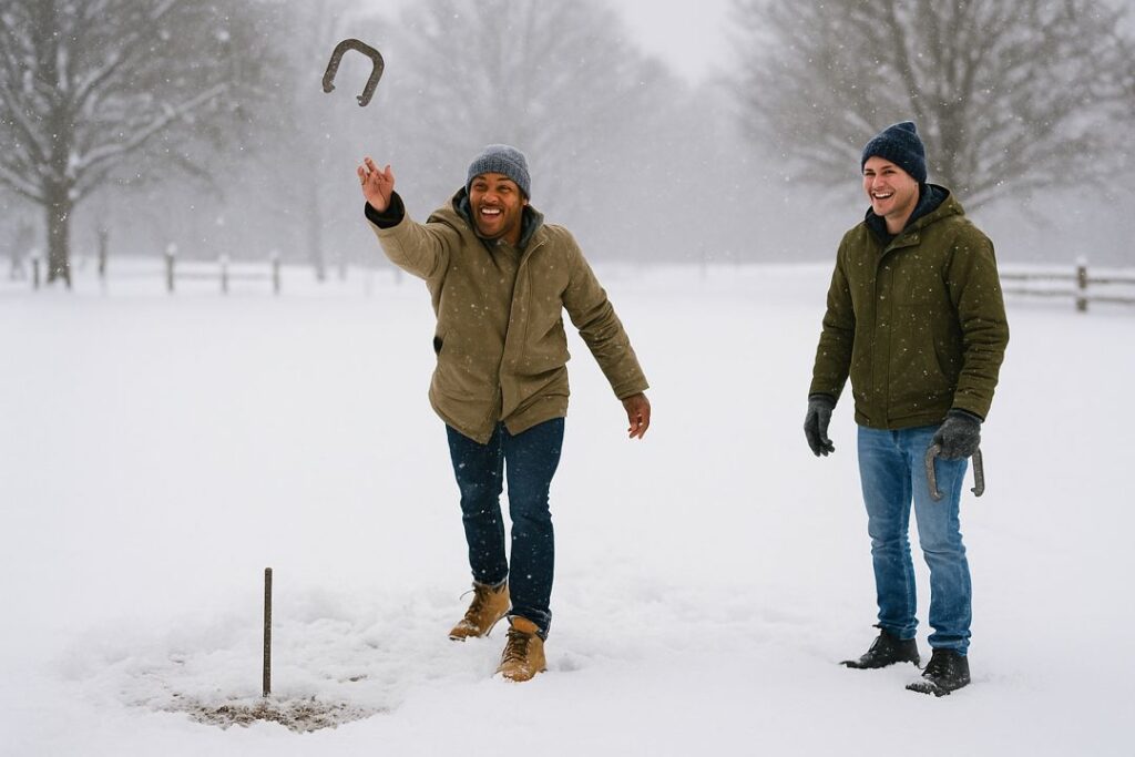 Two young men laugh and play horseshoes together on a snowy winter day, bundled up in jackets and hats.