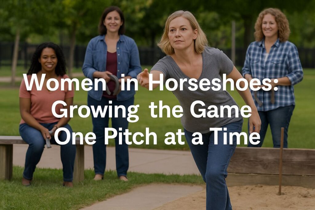 A group of diverse women playing competitive horseshoes outdoors, with the article title overlayed in bold text.